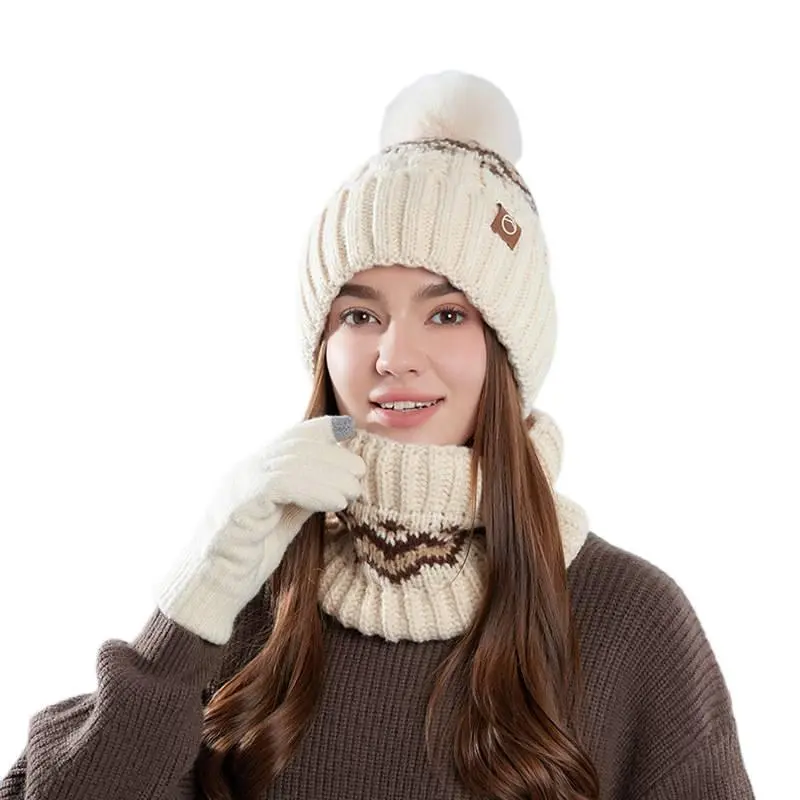 Women's Puff Ball Adorable 3-Piece Winter Accessory Set 8997-Beige - Thermal Plush Beanie, Scarf Style Neck Warmer, Gloves for Extreme Cold Ear & Hand Protection, 8997-Beige [Three-Piece Set] Scarf Style