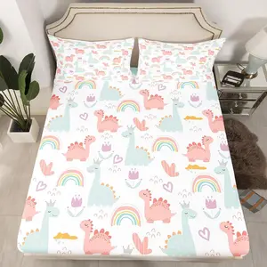 Feelyou Luxury Microfiber Bedding Fitted Sheet Set - Twin/Queen Sizes, Pink/Green Jungle Theme, Cute Cartoon Dino Design, Rainbow Bed Cover
