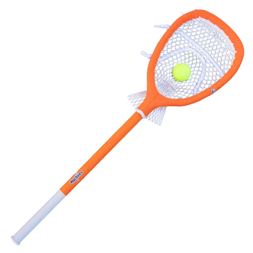 Hackees Orange Padded Goalie Stick, 34.5-Inch with Hand-Strung Netted Head for Lacrosse Goalie Play - Includes Soft Mini-Ball, Lacrosse Ball
