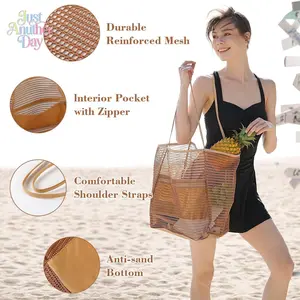 Mesh Beach Tote Bag, Foldable Anti-Sand Mesh Shoulder Bag with Zipper Pocket, Durable Reinforced Net Bag for Summer Travel & Outdoor Use