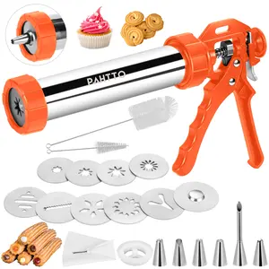 Churro Maker Machine,3-in-1 Multifunctional Hollow Churros Machine, Churreras para Churros, Stainless Steel Churro/Cookie Making Kit with Piping Bag,2 Brushes,10 Discs and 7 Icing Piping Nozzles