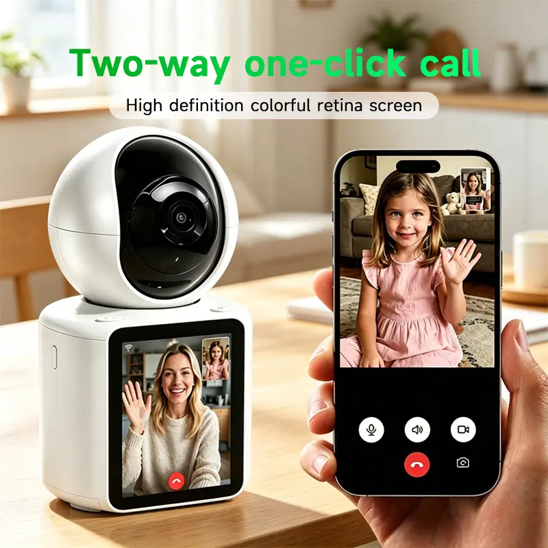 Full HD Wi-Fi Security Camera - 2-Way 1-Click Call, Mobile Remote Intercom, Smart Tracking, Voice Activation, Night Vision, Rotating Base, Retina Screen - Ideal for Elderly Care, Two-Way One-Click Call
