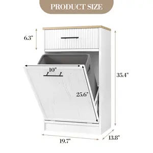 10 Gal Fluted Tilt-Out Trash Cabinet with Drawer, Freestanding White Wooden Garbage Can – Dog Proof Hidden Storage for Kitchen, Dining or Living Room