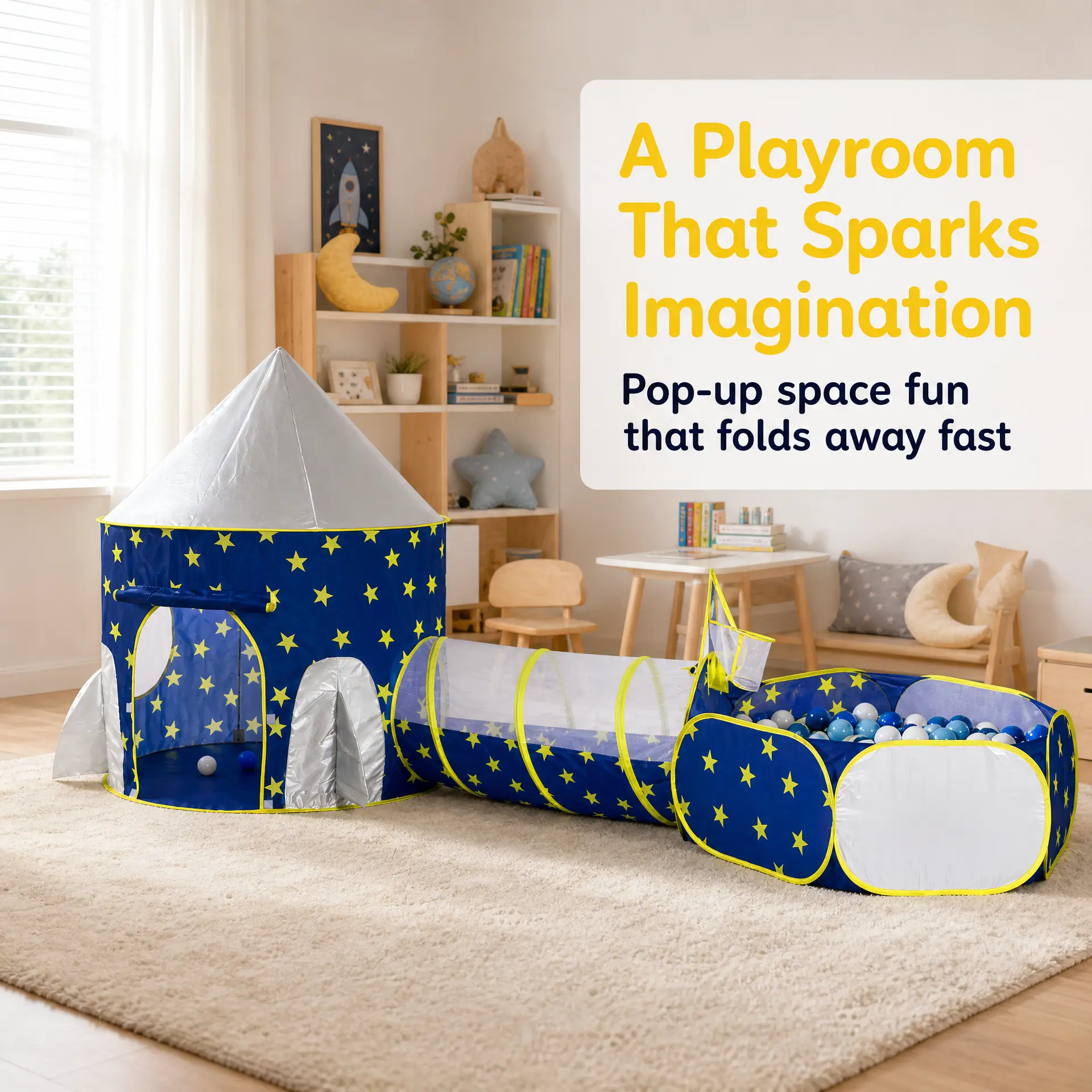 Apojungle 3-in-1 Pretend Play Tent for Toddlers - Spaceship Design with Tunnel & Ball Pit, Pop-Up Space Adventure, Mesh Breathability, Indoor/Outdoor Toddler Outdoor Playset, Star Print, Easy Setup Foldable Gift