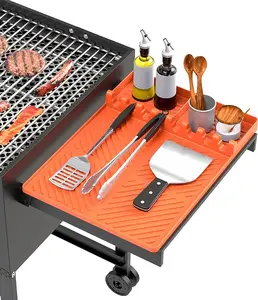 Silicone grill rack cover pad; large griddle mat for grills with drip tray; heat-resistant barbecue tool; side rest mat; kitchen countertop spatula mat; gray or orange men’s gift; barbecue accessories; tableware; stainless steel; L-shaped lock