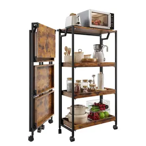 Large 4-Tier Wooden Folding Storage Shelf Cart with Locking Wheel, Expandable Kitchen Organizer Rack, 100 Lbs Loading Heavy Duty Garage Shelving, Easy Foldable No Assembly Required