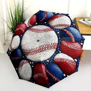 1 PC Automatic Folding Umbrella - Baseball Artwork Circular Design Pattern, Portable & Foldable Design with 8 Ribs, Merry Christmas Pattern,Casual Outdoor Accessory Halloween and Christmas Birthday Gifts. E0051