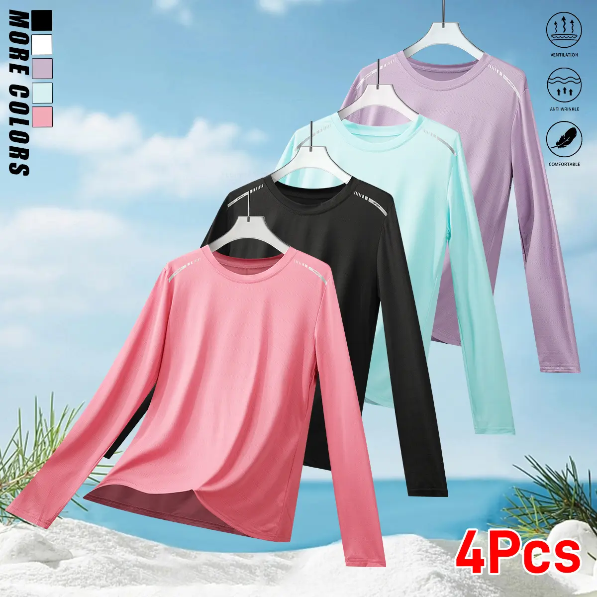 4-piece set of women’s quick-dry, breathable long-sleeve T-shirts—ideal basic training tops, comfortable shirts with reflective stripes, perfect for everyday casual wear and various sports activities.