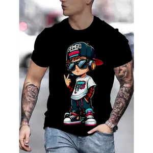 Men's Combed Cotton Boxy Short-Sleeve Round Neck Graphic T-Shirt - Black 200g, Digital Sublimation Stamps, Soft Breathable Fabric, True-to-Size, Tropical Casual Clothes, COD Available, Mens Casual T-Shirts