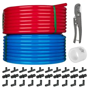 3/4" 2 x100ft, 200ft PEX-A Tubing (Blue & Red), 3/4" Poly Expansion Elbow & Tee & Coupler (15 PCS), Expansion Rings (50 PCS), Pipe Cutter
