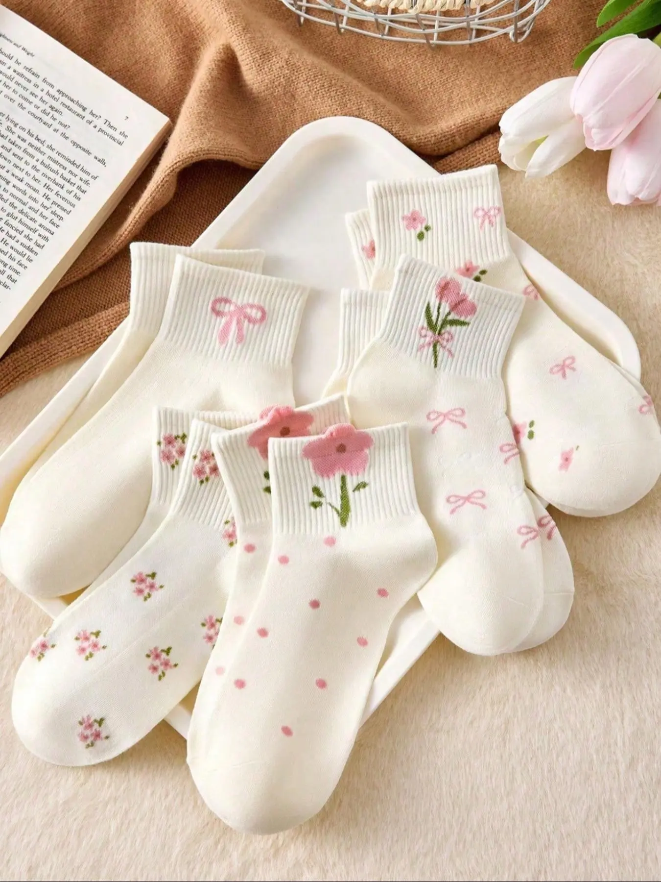 Women's Floral Bow Embroidered Cute Socks, Floral Pattern Socks, Casual Socks, Casual Daily Socks, Low-Cut Short Ankle Socks, Moisture-Wicking Breathable Fit Comfortable Mid-Calf Socks for Spring & Summer