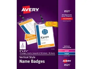 Avery Vertical Name Badges & Tickets, Durable Plastic Holders, Lanyards, 6" x 4-1/4", 75 Badges (8521)