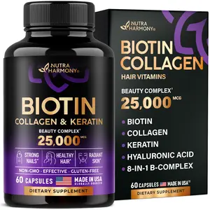 NUTRAHARMONY Biotin, Collagen, Keratin & Hyaluronic Acid Supplement – 25,000 mcg Hair, Skin & Nail Support with B2, B3, B6, B7 – Clinically Tested