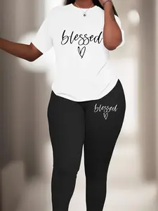 【Plus Size】 Two-Piece Set Letter & Heart Print Tee & Elastic Waist Skinny Pants Set, Casual Round Neck Short Sleeve T-shirt & Trousers, Women's Two-piece Outfits for Daily Wear, Matching Sets, Summer Clothing Set, Womenswear