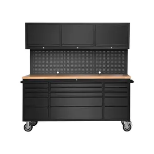 GAOMON 72" Mobile Tool Storage Cabinet, Heavy-Duty Steel Rolling Workbench with 15 Drawers, 3 Upper Cabinets & Pegboard, Lockable Casters for Garage, Workshop & Repair Shop, Matte Black
