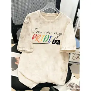 American Heavyweight Vintage Style Fashion Women T Shirt I M In My Pride Era Rainbow Text Design Pride Festival 230G Washed Short Sleeve Statement Tee Daily Casual Breathable Outdoor Sport Gift Item