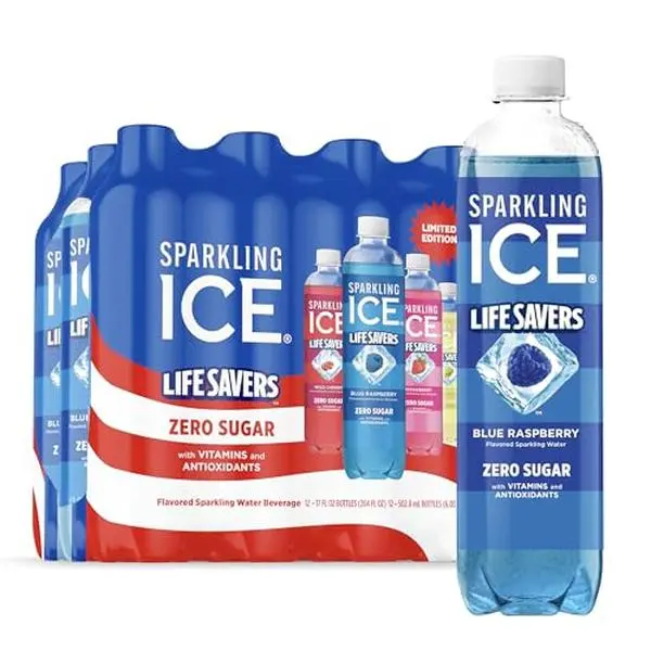 Sparkling Ice® LIFE SAVERS™ Red, White and Blue Variety pack, Zero Sugar Flavored Sparkling Water, with Vitamins and Antioxidants, Low Calorie Beverage, 17 fl oz Bottles (Pack of 12)