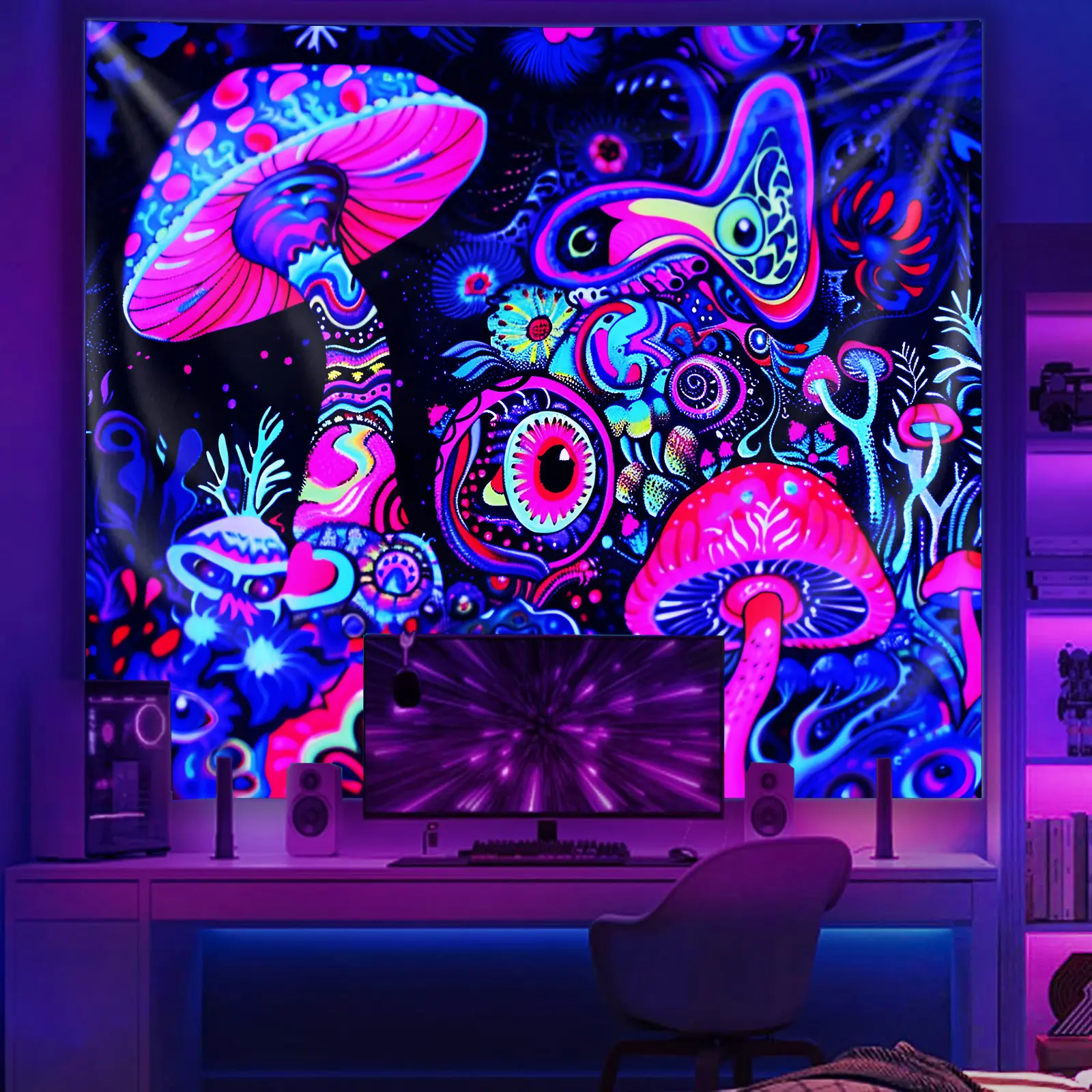 UV Black Light Reactive Fluorescent Tapestry, Home Decor with Glowing Fantasy Eye Mushroom, Moon and Stars Aesthetic Design, Versatile Outdoor Party Backdrop