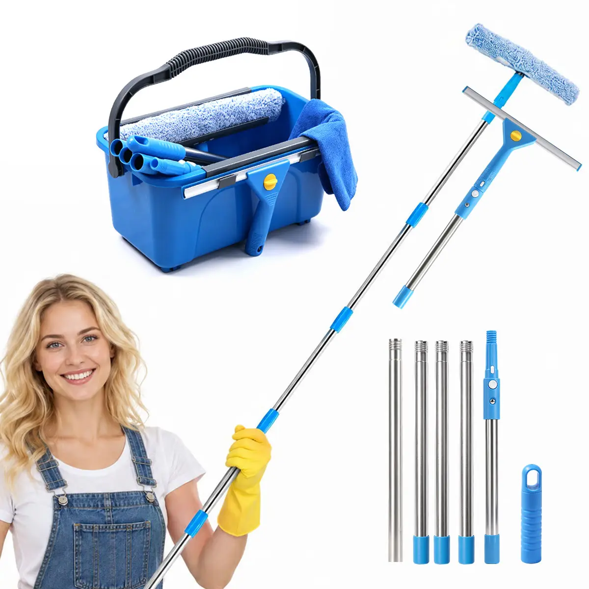 All-in-1 Functional Window Cleaning Kit with Extension Pole, Streak-Free Squeegee, Microfiber Washer, Microfiber Cleaning Towels & Storage Bucket for Households’ Indoor/Outdoor High Windows, Car Glass