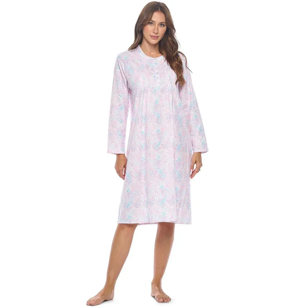 Casual Nights Women's Floral Flannel Nightgown, 100% Cotton Long Sleeve Sleep Shirt with Lace Trim, Button Front Bedroom Lounger, Small to 4X