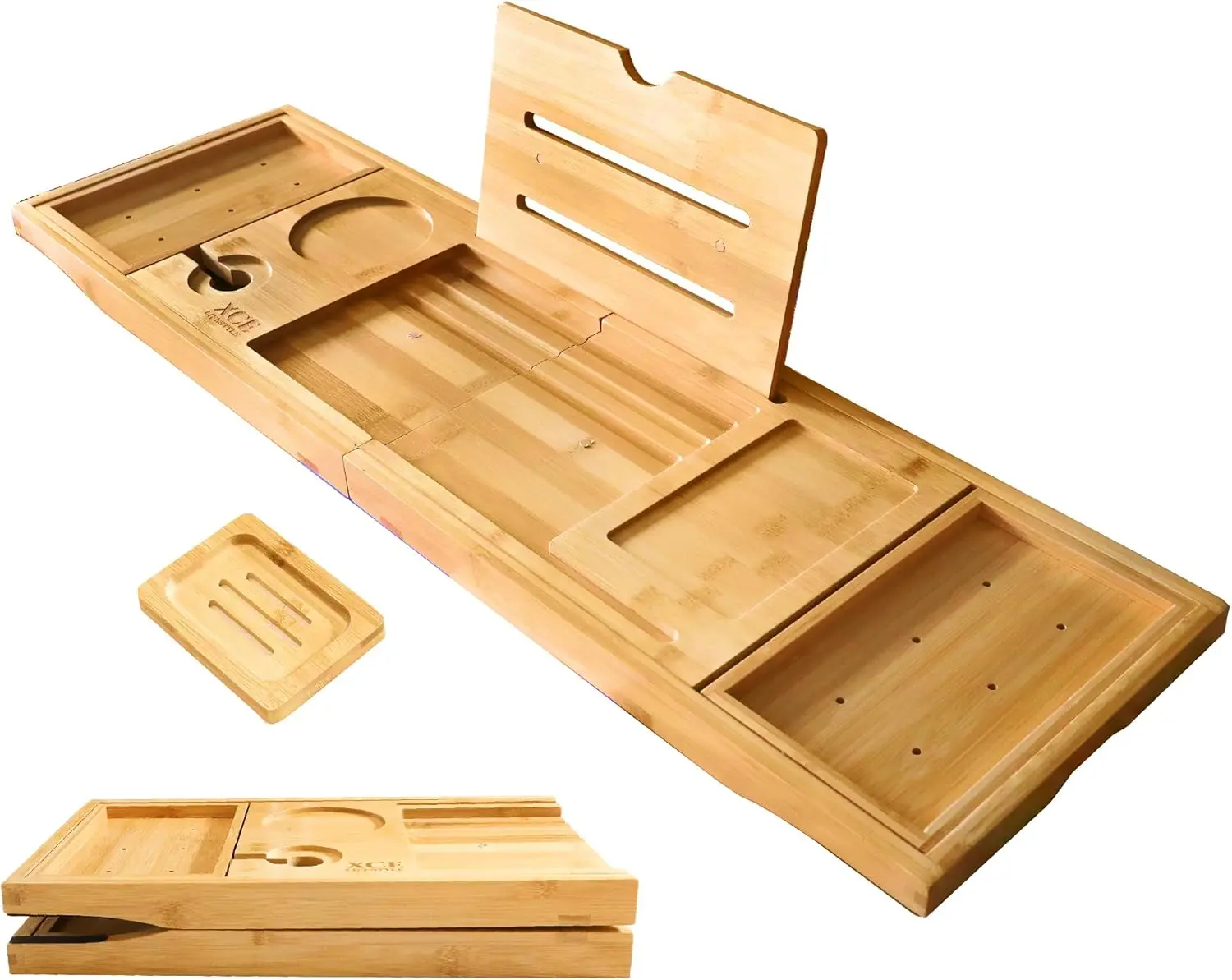 Bamboo Bathtub Caddy Tray - Foldable, Expandable to 41 in, Smooth Durable, Non-Slip Silicone Pads, Soap Holder, Book Stand, Wine Glass Holder, Phone Slot for Relaxation & Spa-Like Baths