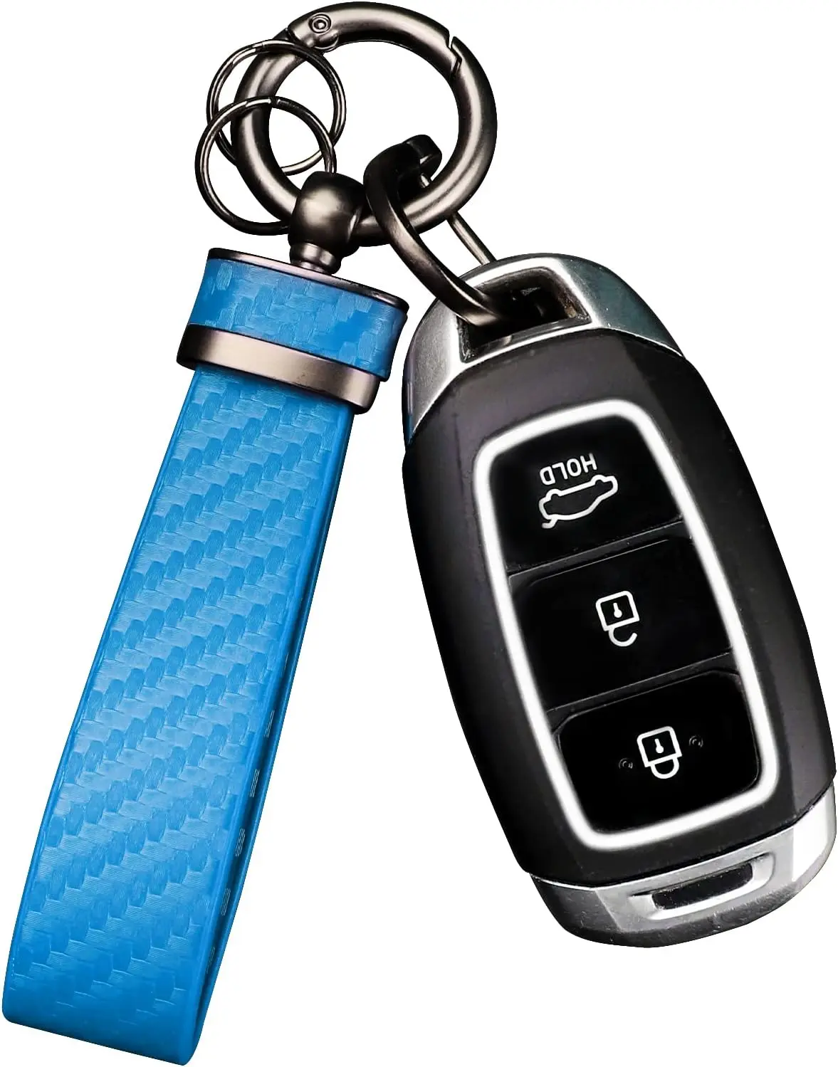 Carbon Fiber Car Keychain Blue Genuine Leather Anti-Lost D-Ring Zinc Alloy Keyring Multifunctional for Volkswagen Chevrolet Nissan Honda Jeep Mercedes Toyota Hyundai Land Rover Ford Dodge