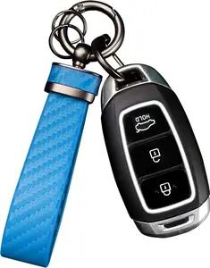 Carbon Fiber Car Keychain Blue Genuine Leather Anti-Lost D-Ring Zinc Alloy Keyring Multifunctional for Volkswagen Chevrolet Nissan Honda Jeep Mercedes Toyota Hyundai Land Rover Ford Dodge