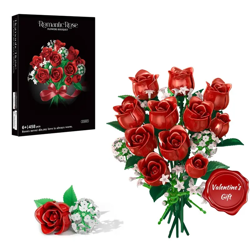 Rose Building Blocks Set, 458-Piece Romantic Rose Building Toy Kit, Building Block Model, Creative Flower Block Set, Ideal Gift for Home and Office Decoration, Building Kit, Flower Bricks, Building Block Flowers