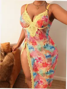 Plus Size Lingerie Dress Set Colorful Floral Mesh Animal Print Date Night