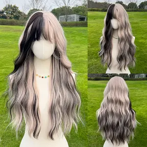 SMILCO/28Inch Highlight Black and Grayish-pink with Bangs Synthetic Hair For Halloween/Cosplay /SM391