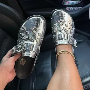 Trending Women Punk Slippers Metal Rivet Charms Black PU Mules Outdoor Platform Casual Slippers for Female, Soft Cushioned Sole All-Day Comfort