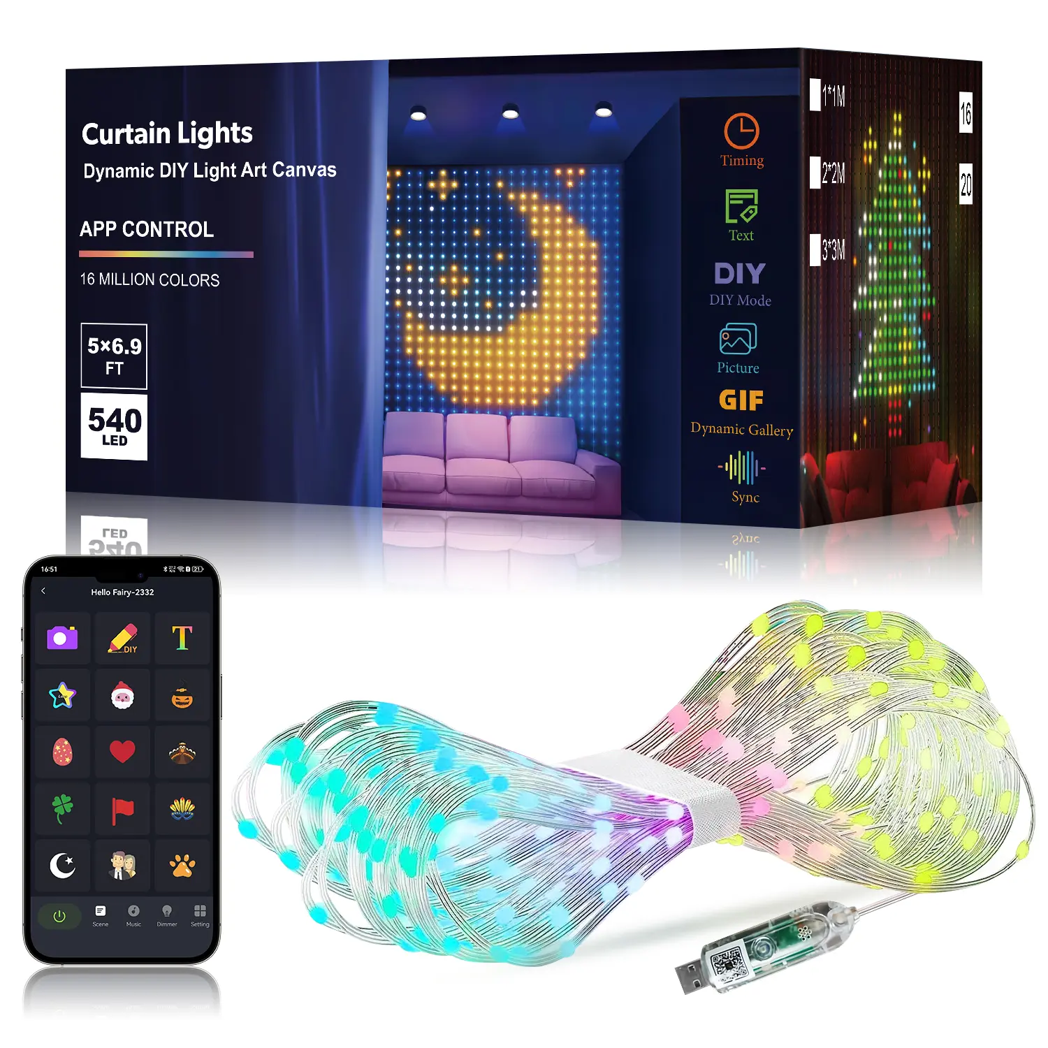 RGB Smart Bluetooth LED Strip Curtain Lights (1.6-3m Selectable), App+Remote Control, DIY Color Changing Patterns, Music Sync, Timer, IP65 Rated, Ideal for Weddings & Parties, Christmas, Bedroom Living Room Decor (Controller Not Waterproof), Diy Patterns