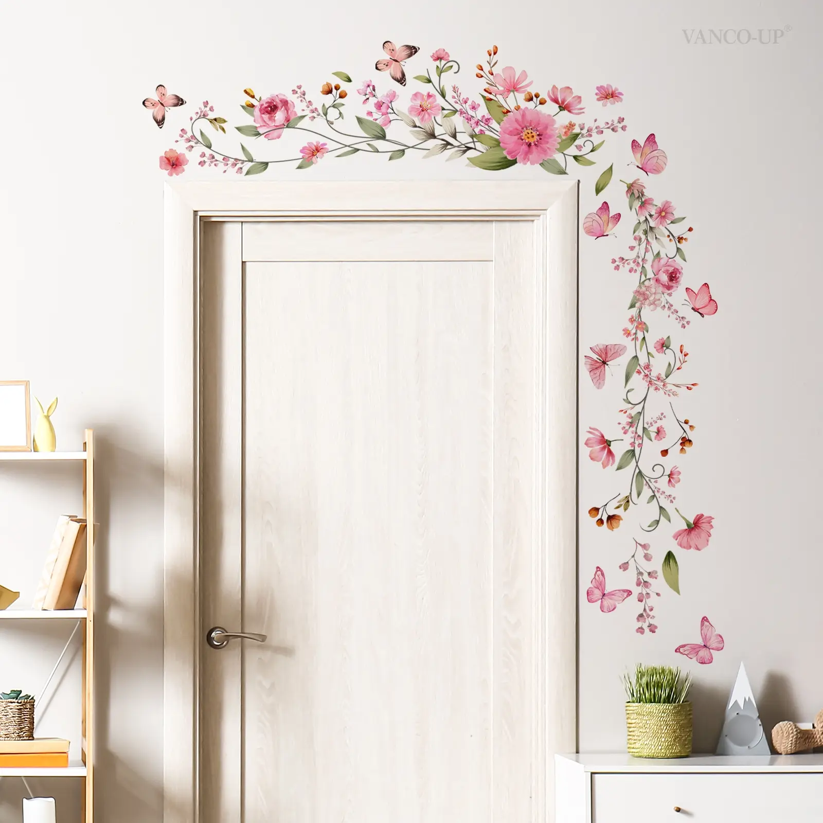 A set (30*90cm) of pink door frame flower wall stickers, Floral Wall Decals, Wall Decal, Door Decorations, Cute Wall Decor, wall stickers for beautifying home living rooms, bedrooms, kitchen background walls, self-adhesive decorative stickers M15551