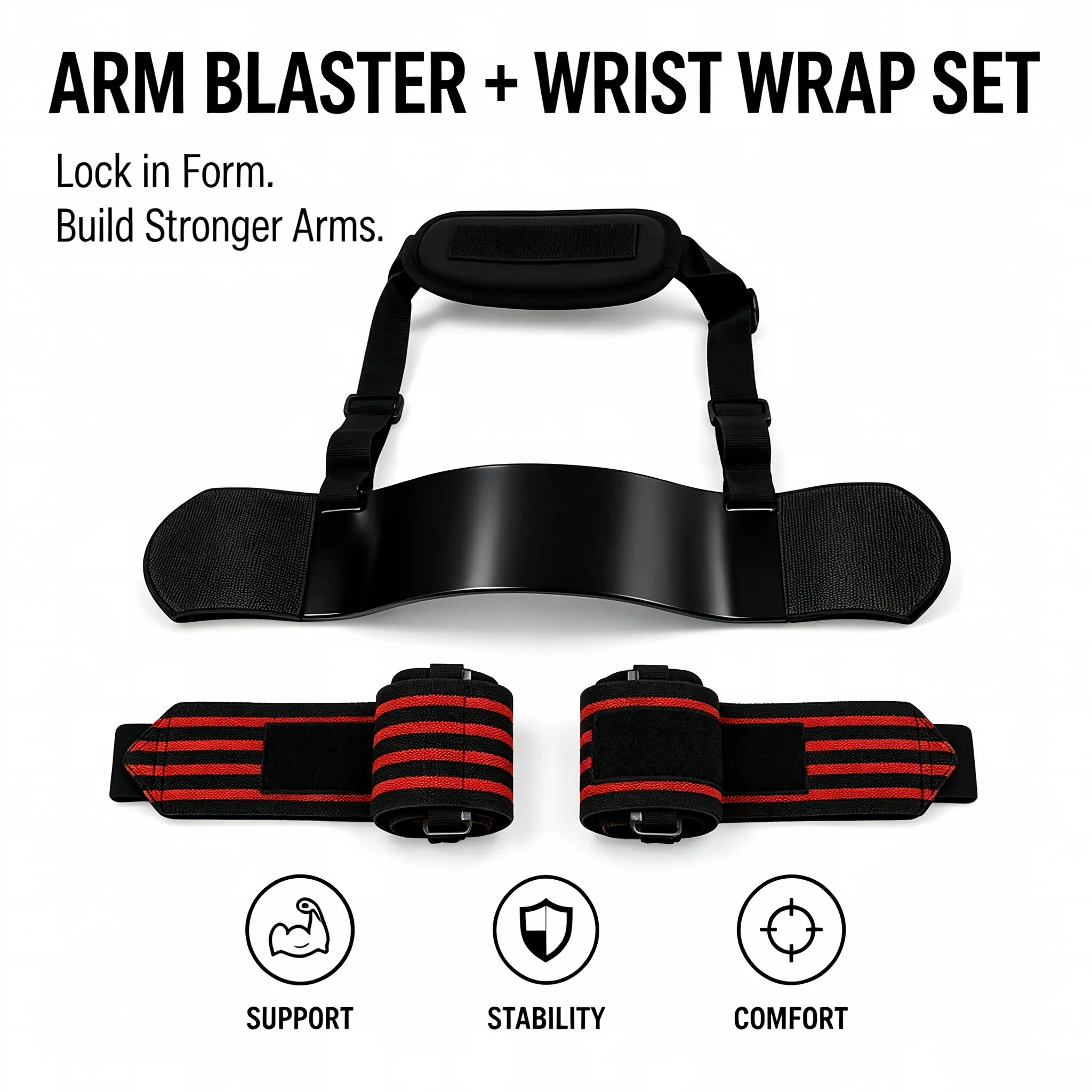 Unisex Adjustable Arm Blaster + 2-Pack Wrist Wraps Combo, Functional Gym Gear for Heavy Dumbbell & Barbell Lifting, Shoulder Cheating Prevention & Wrist Support for Home Workouts triceps