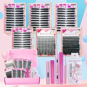 6 Boxes Cluster Eyelash Extension Gift Box Kit, F09 Devil 40D 60D 80D 100D Left and Right Mixed 6 Different Styles and Length,8-16mm 3D Volume Wispy DIY Cluster Lashes Cat Eye Individual Extension Kit for Make Up and Gift