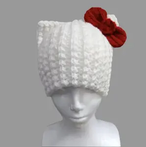 White Cat Ear Beanie with Bow, Character Ears Hats for Fashion Enthusiasts