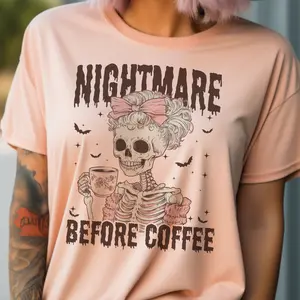 Coffee Skull Tee Nightmare Before Coffee Tshirt Girly Nightmare Before Coffee T-Shirt Skeleton Coffee Tee Coquette Skull Coffee Top Womens Casual Coffee Shirt