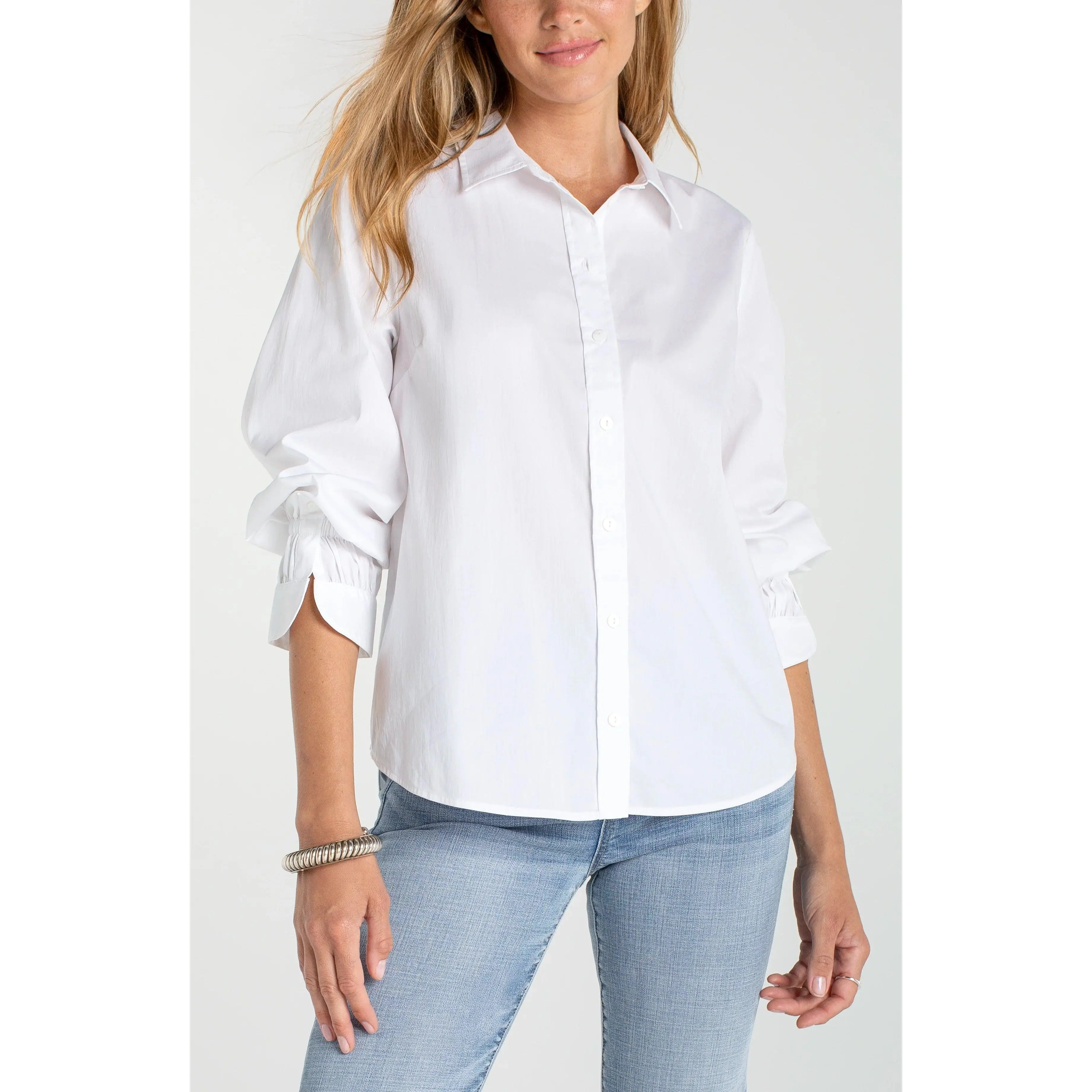 Liverpool White Adjustable Sleeve Button Front Woven Top