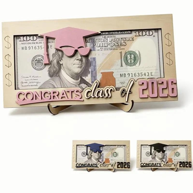 Graduation 2026 Wooden Gift Holder - Funny Perspective Keepsake with "Cool Shades" Design, Creative Class of 2026 Senior Gifts for Him/Her, Unique Celebration Desk Decor (Blue/Pink/Black)