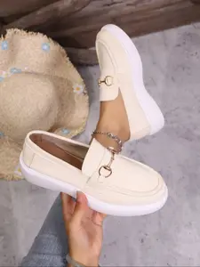 Summer Thick Sole Loafers for Women, Metal Buckle Slip-On Platform Shoes, Vintage Casual Versatile Lazy Shoes, All Seasons Textile Boots, Flats, Rubber