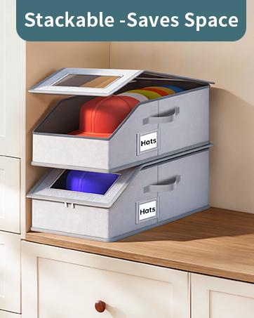 2 PCS Stackable Hat Storage for Baseball Caps – Holds up to 24 Caps Hat Organizer for Closet, Sturdy Snapback Boxes for Men with Cardboard, Stackable Hat Box in Breathable Linen Fabric, Clear Window Closet Storage, Keeps Hats Clean & Organized, Grey