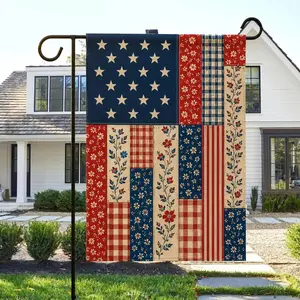 Vintage Patchwork American House Flag, Rustic Americana Yard Sign, Primitive Patriotic Banner, Cottage Garden 4th of July Decor (Pole, Hooks, Or Fasteners Are Not Included)