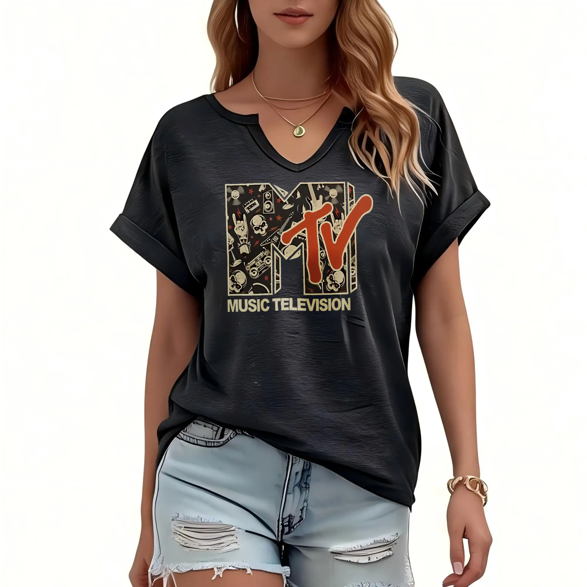 Women's Loose Fit Graphic Print T-Shirt, Lightweight Summer Tee with a Notch V-Neck and Batwing Sleeves, Knit, Oversized