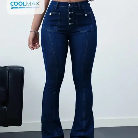 Women's Plain Button Fly Flare Leg Pants, Casual Fashion Denim, Casual Comfy Bell Bottom Trousers for Daily Wear, Ladies Bottoms for All Seasons, Bell Bottom Jeans