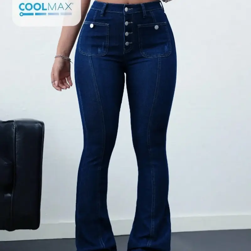 Women's Plain Button Fly Flare Leg Pants, Casual Fashion Denim, Casual Comfy Bell Bottom Trousers for Daily Wear, Ladies Bottoms for All Seasons, Bell Bottom Jeans