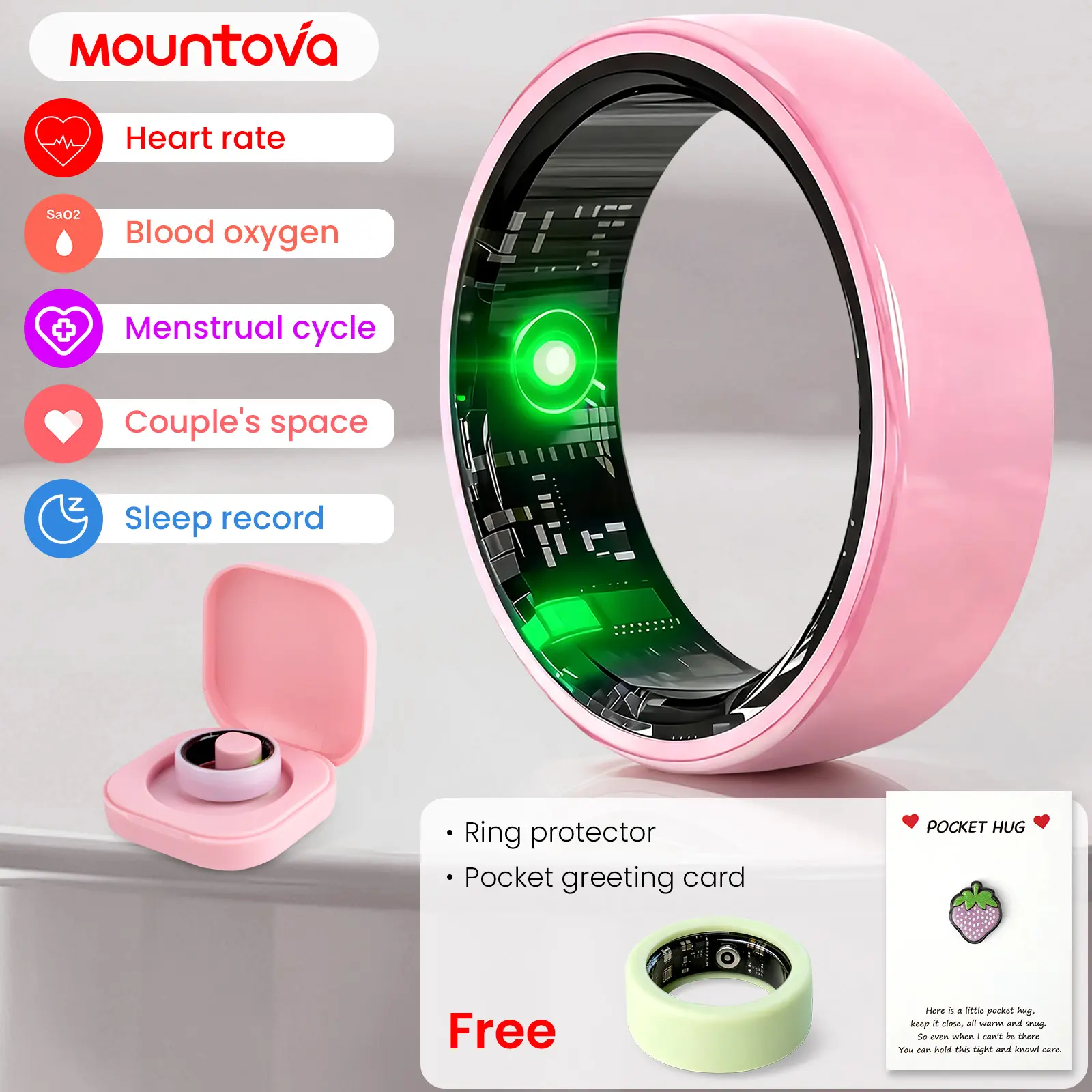 #6-#11 Pink, White & Black Ceramic Smart Ring for Women & Men, IP68 Waterproof Health Tracker, Heart Rate, Blood Oxygen, Sleep, Temperature, Stress & Women's Cycle Monitor, 5-7 Day Battery, iOS & Android, Charging Case, Couple Gift