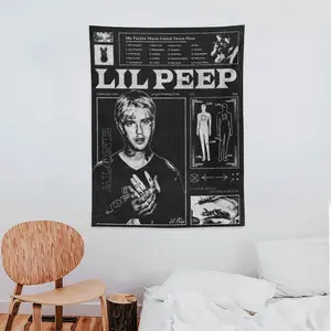 Retro Newspaper Style Lil Peep Tapestry, Black White Halftone Wall Hanging, Grunge Music List Decor, Y2K Alt Aesthetic Backdrop, Edgy Graphic Tapestry, Emo Room Decor, Gift for Music Fans