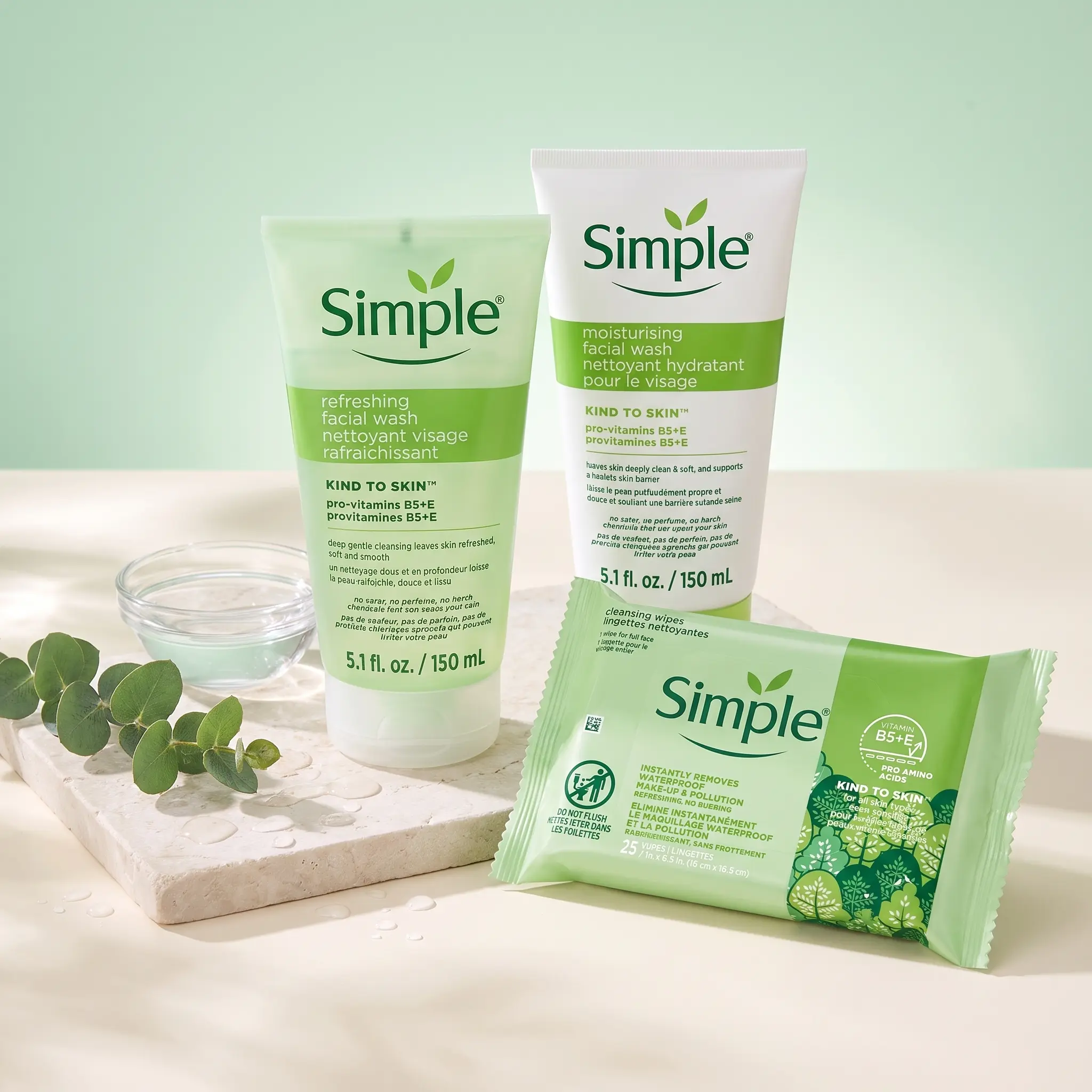 Simple Kind to Skin 3-Step Gentle Skincare Bundle – Refreshing Face Wash + Moisturizing Face Wash + Makeup Remover Wipes | Vegan, Sensitive Skin Care