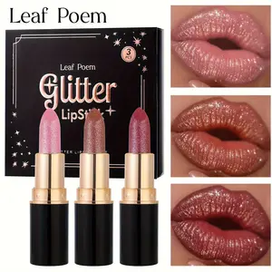3pcs Glitter Star Lipstick Set Nourishing Moisturizing Cream Sparkling Makeup Waterproof Long-lasting Cosmetics Jelly Valentine's Day Gift Music Festival