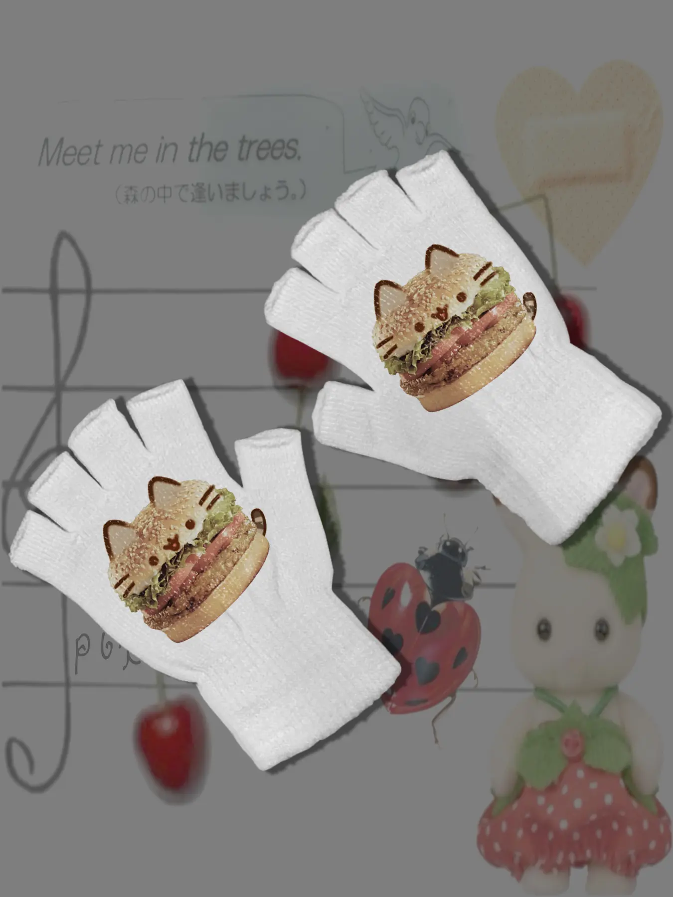 Cute Cartoon Cat Print Half Finger Touch Screen Gloves, Autumn Winter Warm Student Soft Girl Essential, Casual Slim-Fitting Holiday Accessories, Touchscreen Gloves, Includes Gloves